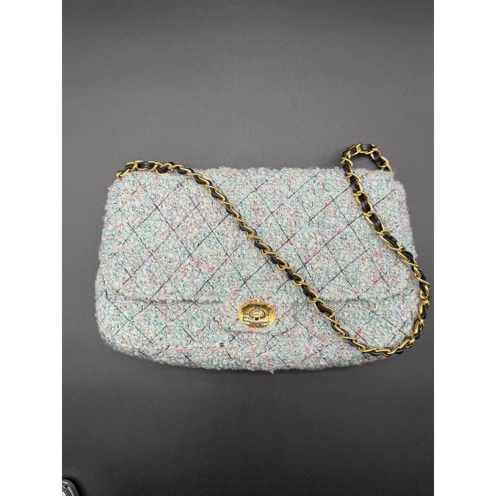 Vintage Diane Gilman Tweed Quilted Shoulder Bag Gold Chain Turn Lock Purse